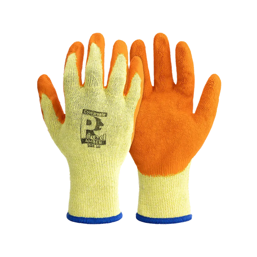 An image of Predator Latex Coated Gloves. The latex is orange and the material is yellow.
