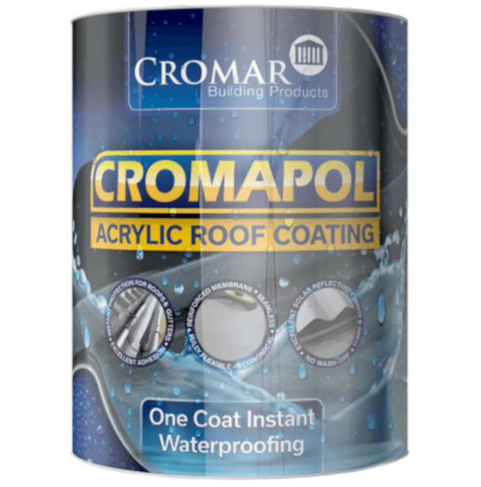 An image on a tin of Cromapol Acrylic Roof Coating by Cromar. It is against a white background.