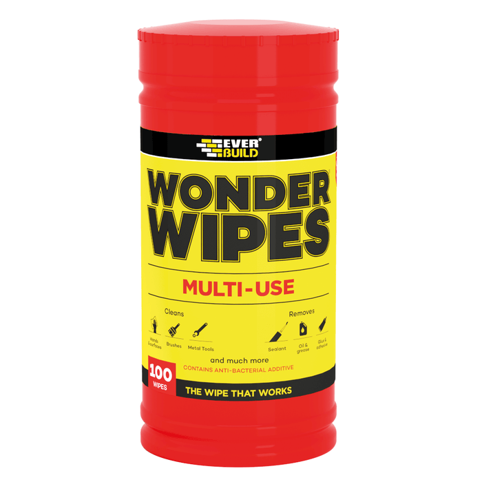 An image of Everbuild Multi-Use Wonder Wipes in a tub of 100