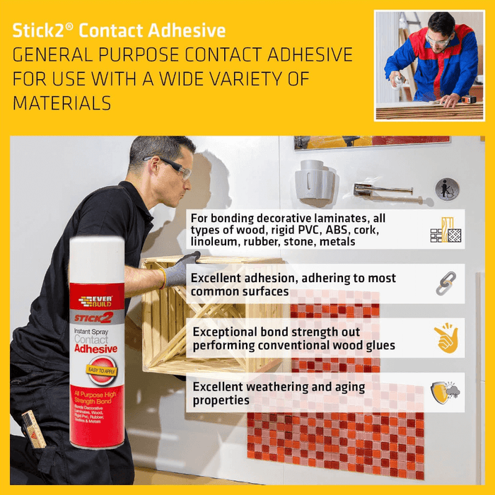 An image of some of the features of Everbuild Stick2 Spray Contact Adhesive