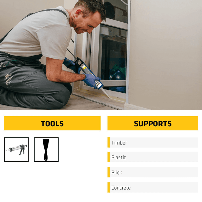 An image of Everbuild Everflex one hour Caulk 125 C3 being used to seal and fill the bottom of a door.