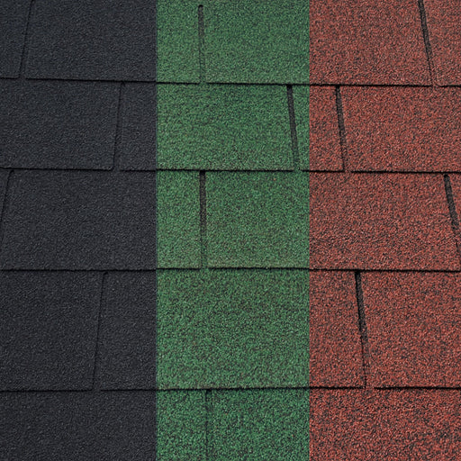 An image of the different colours that Square Felt shingles come in. Black, Green and Red.