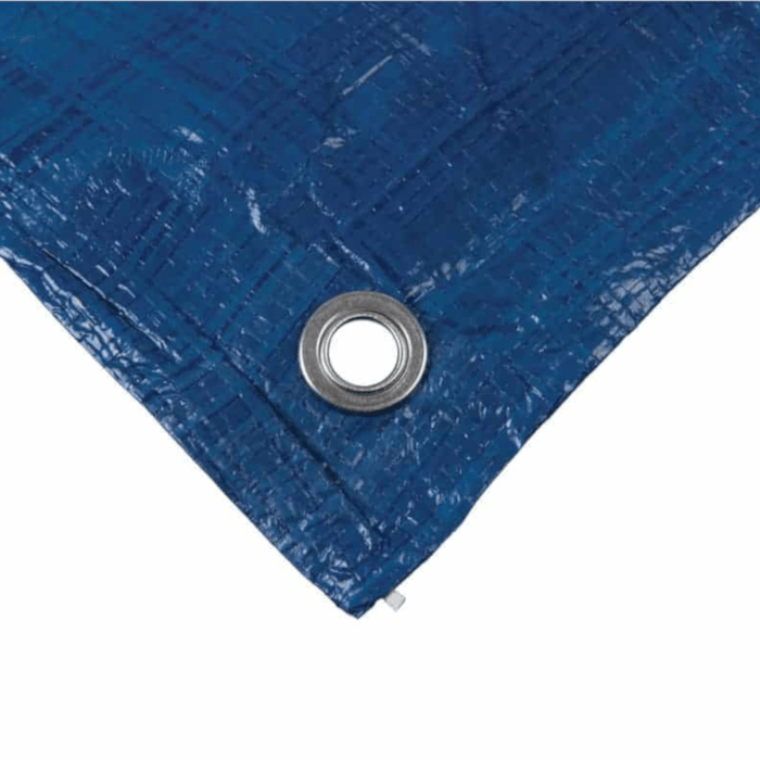 Image of a blue Gladiator Tarpaulin with a close-up on an eyelet