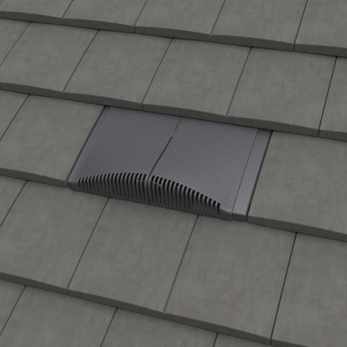 Image of an Interlocking Plain Tile Vent in the colour slate grey on a roof to show the profile in line with tiles.