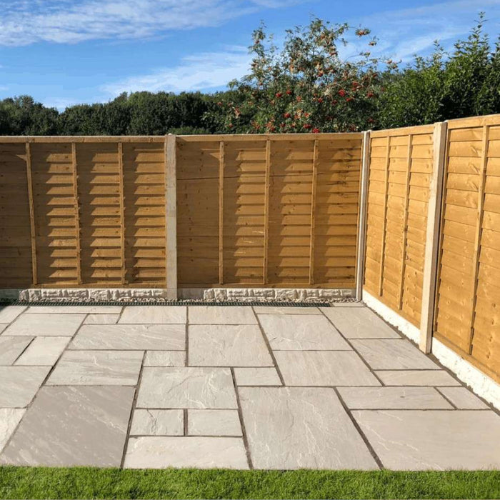 An image of Kandla Grey Indian Sandstone Paving laid out to show what it looks like.