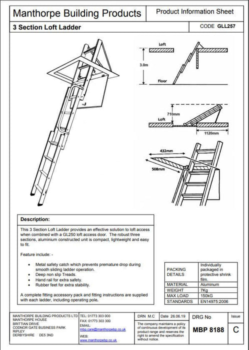 An image of a Manthorpe GLL257 3 Section Loft Ladder instructions
