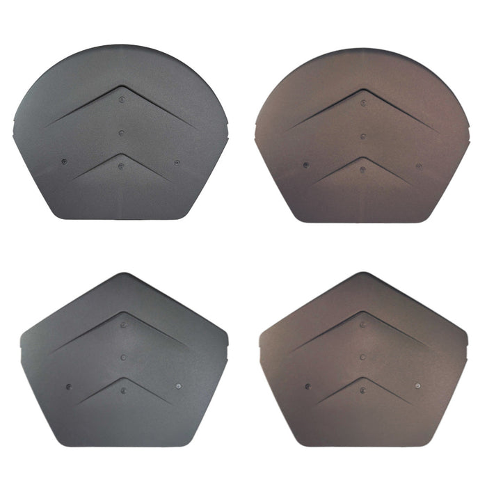 An image of the colours and types of Manthorpe SmartVerge Linear Ridge End Caps. They are Grey and Brown ad the types are Angled and Half Round (GLV-END)