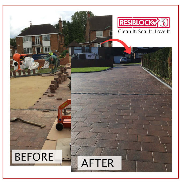 An image the before and after use of Resiblock Block Paving Sealer Superior Gloss