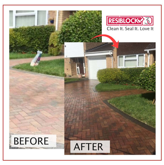 An image the before and after use of Resiblock Block Paving Sealer Superior Gloss