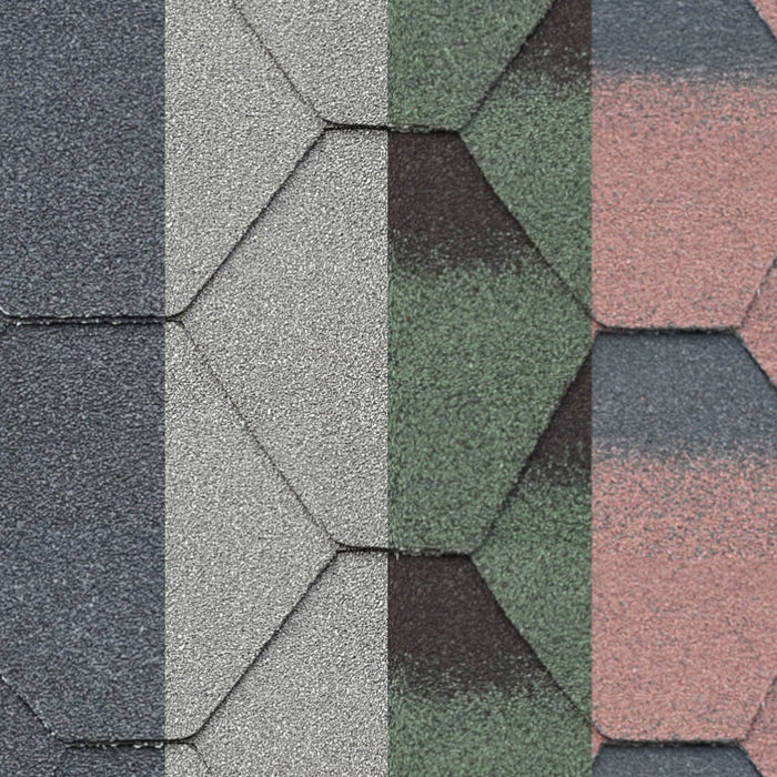 An image of the different colours that Square Felt shingles come in. Black, Green, Grey and Red.