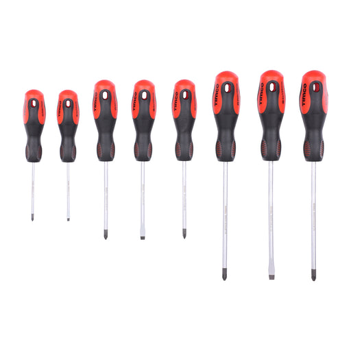 An image showing a TIMCO screwdriver set with 8 pieces including Philips, Posi and Slotted / Flat head drivers.