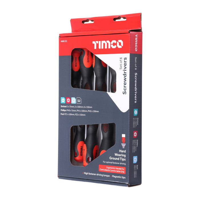 An image showing a TIMCO screwdriver set with 8 pieces including Philips, Posi and Slotted / Flat head drivers.