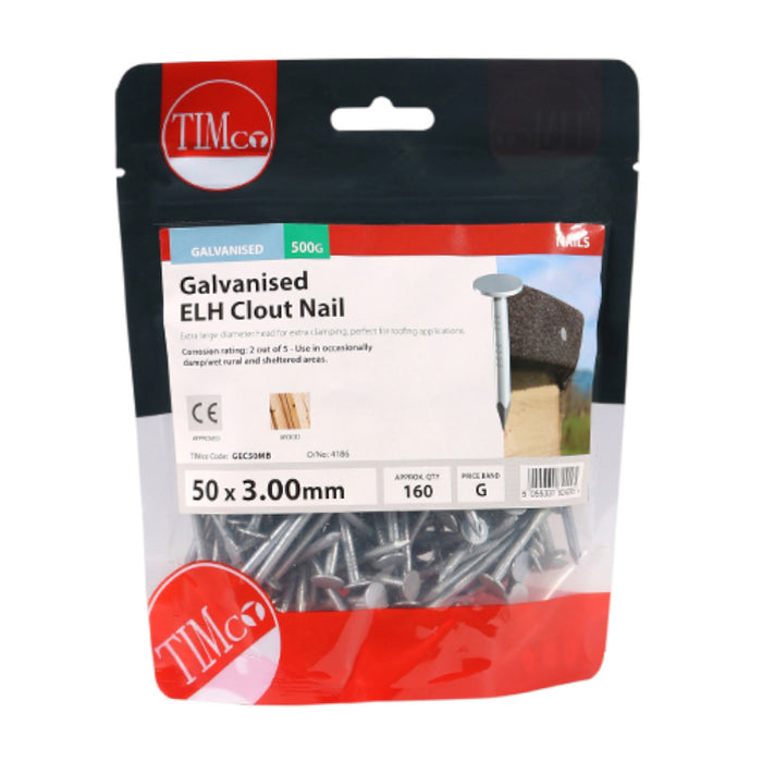 An image of a bag of Timco Galvanised Clout Nails with Extra large head (ELH) 50 x 3.00mm in size
