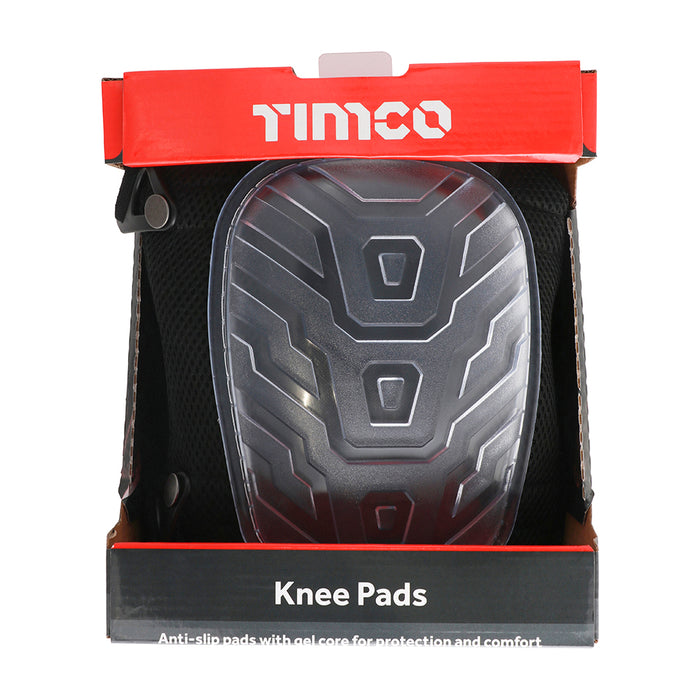 An image of Timco Knee Pads that come in one size. They are black and have a clear PVC non-slip gel filled pad.