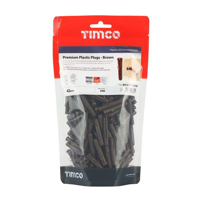 An image showing a bag of 200 Timco Premium Plastic Rawl Wall Plugs Brown 42mm