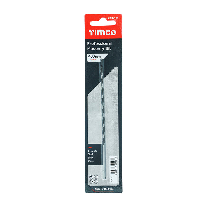 An image of a Timco Professional Masonry drill bit in the size 4.0 x 150mm in its retail packaging.