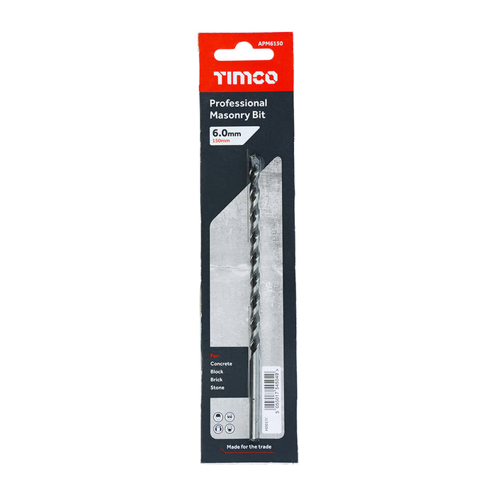 An image of a Timco Professional Masonry drill bit in the size 6.0 x 150mm in its retail packaging.
