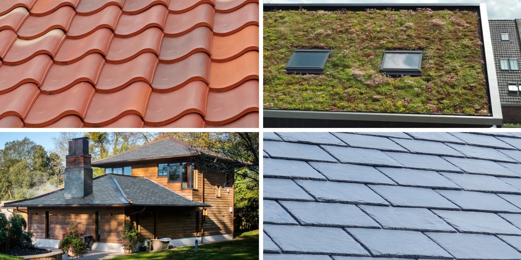 An image of different roofing types like, slate, tile, green roof etc