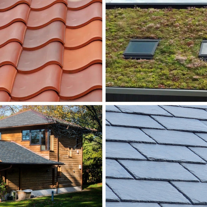 An image of different roofing types like, slate, tile, green roof etc