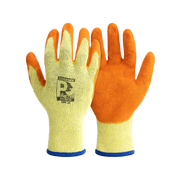 An image of Predator Latex Coated Gloves. The latex is orange and the material is yellow.