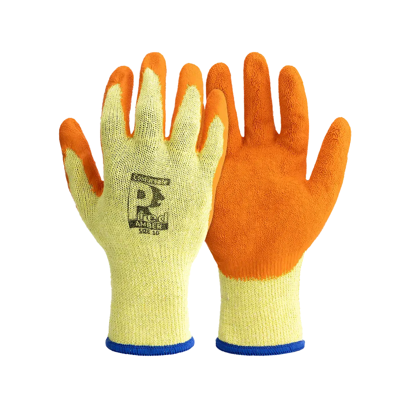An image of Predator Latex Coated Gloves. The latex is orange and the material is yellow.