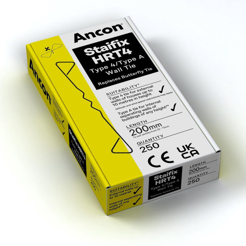 An image showing a box of 250 ANCON Staifix HRT4 House Ties that are 200mm in length