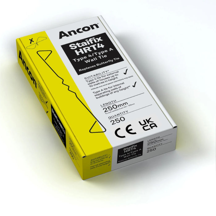 An image showing a box of 250 ANCON Staifix HRT4 House Ties that are 250mm in length