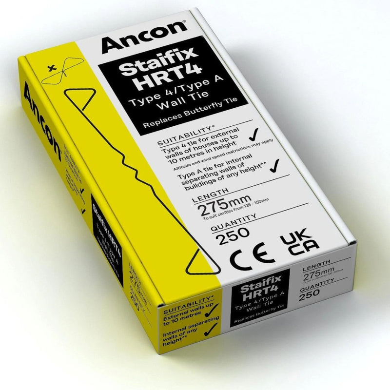 An image showing a box of 250 ANCON Staifix HRT4 House Ties that are 275mm in length