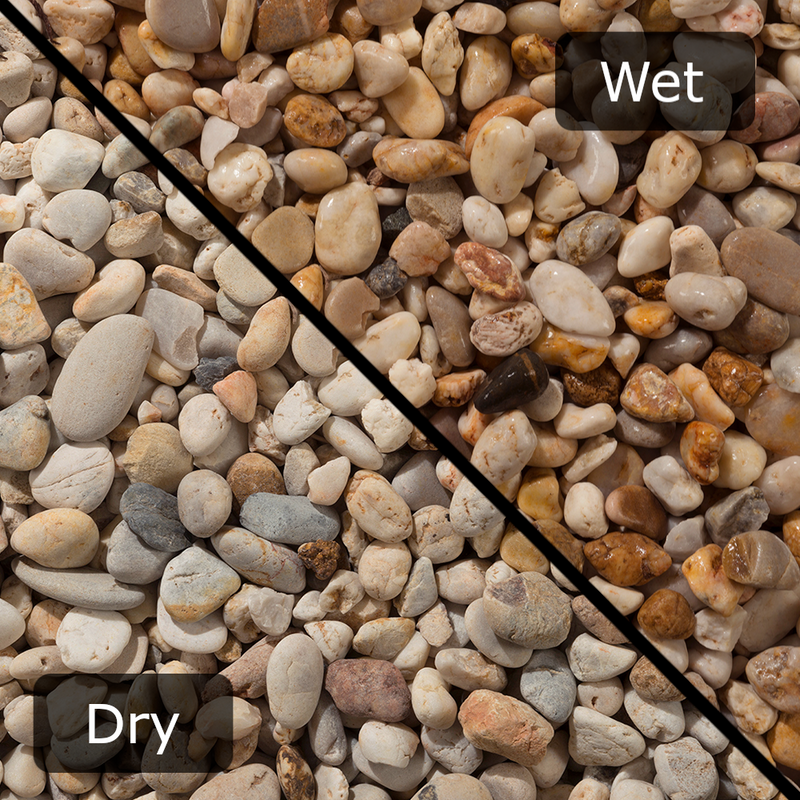 An image of Apricot gravel stones with a diagonal split down showing them wet and dry