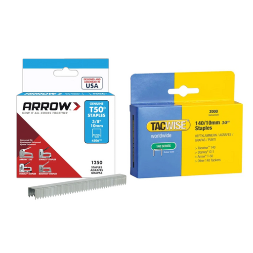 An image showing two boxes of staples, one Arrow and one Tacwise. One is 10mm and the other 12mm.