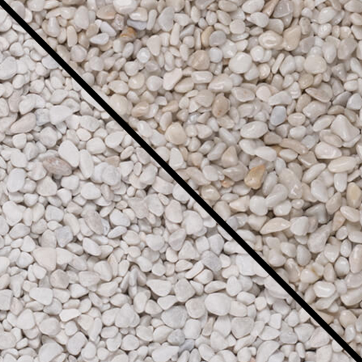 An image showing Artico White Marble Stone Aggregate Gravel. The image is split horizontally to show the difference between wet and dry.