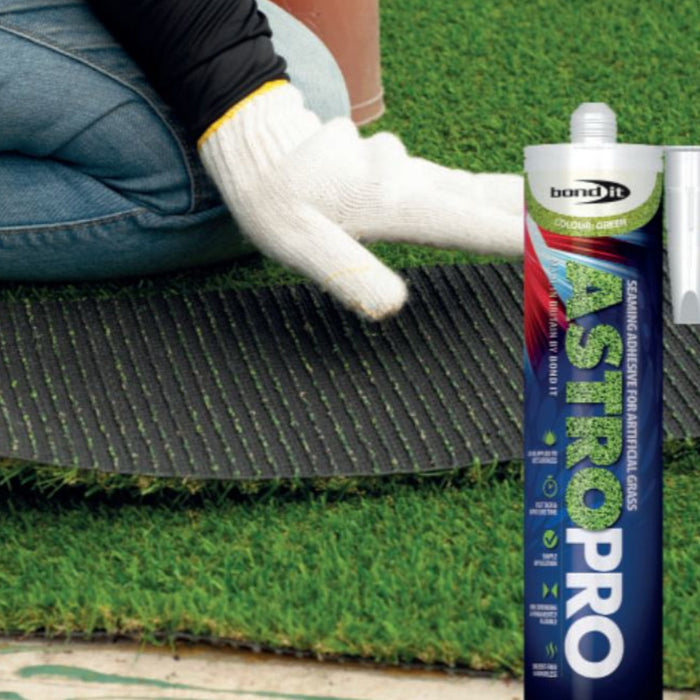 An image of Astro Pro tube adhesive against a background on someone gluing down some artificial turf