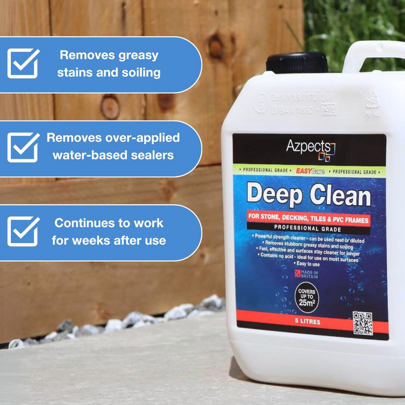 An image of Azpects EASYCare Deep Clean in a 5 Litre bottle on stone paving with some benefits displayed, Removes greasy stains and soiling, Removed over-applied water-based sealers, Continues to work for weeks after use.