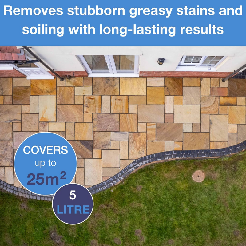An image of a patio that was treated with Azpects EASYCare Deep Clean. It also states it covers upto 25m2 from the 5 litre bottle.