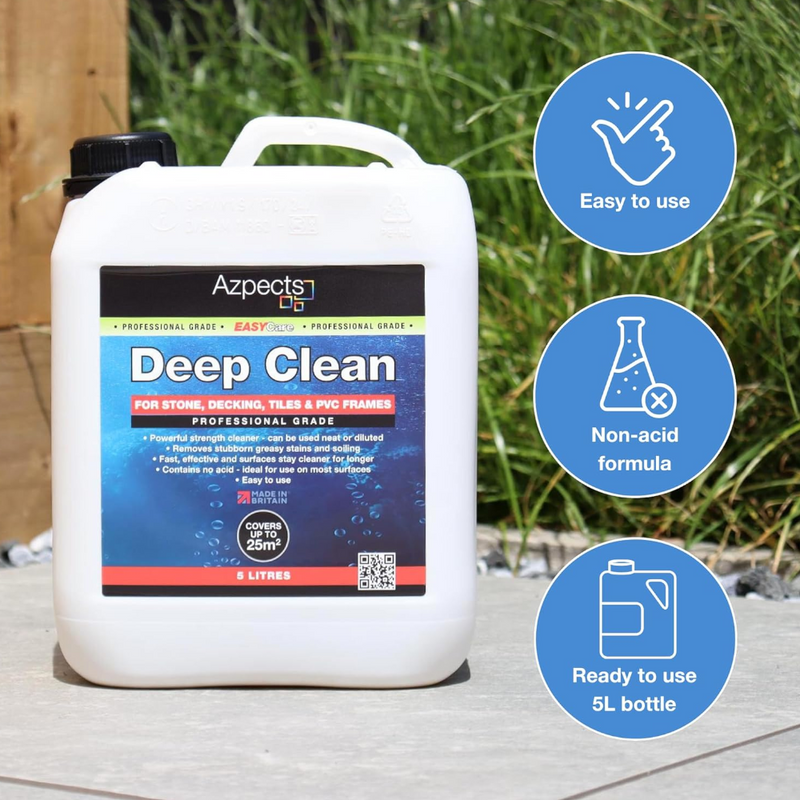 An image of Azpects EASYCare Deep Clean in a 5 Litre bottle on stone paving with some benefits displayed, Easy to use, Non-acid formula and Ready to use 5L Bottle.