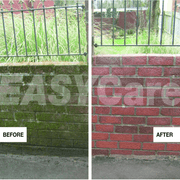 A before and after of a wall being treated with Azpects EASYCare Hardscape Cleaner to show how effective it is.