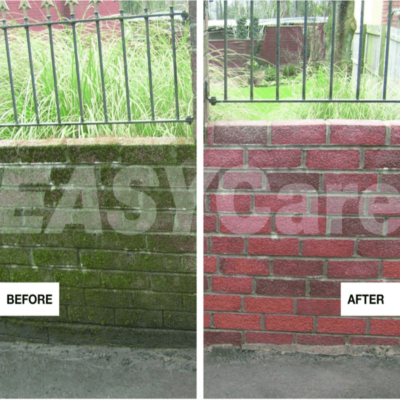 A before and after of a wall being treated with Azpects EASYCare Hardscape Cleaner to show how effective it is.