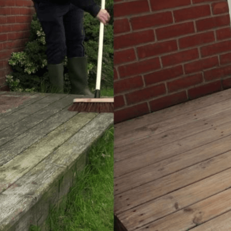 A before and after image of decking that has been treated with Azpects EASYCare Patio & deck cleaner.