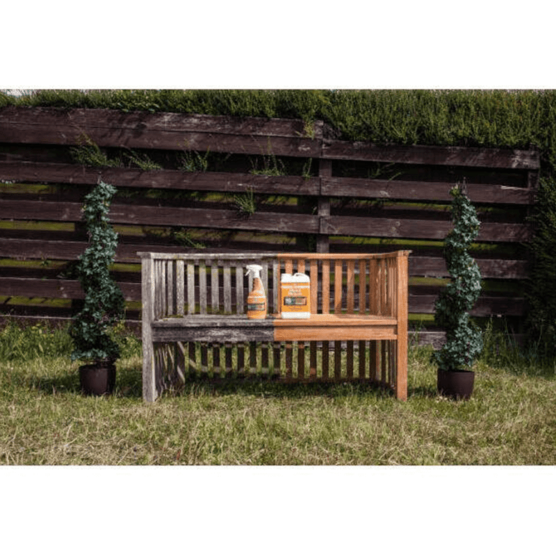 An image of a bench, which is half treated with Azpects EASYCare Wood Revive to show the before and after.