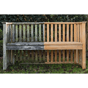 An image of a bench, which is half treated with Azpects EASYCare Wood Revive to show the before and after.