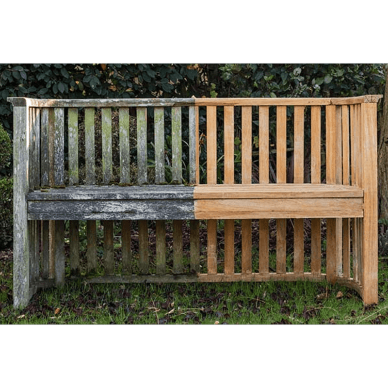 An image of a bench, which is half treated with Azpects EASYCare Wood Revive to show the before and after.