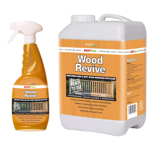 An image of Azpects EASYCare Wood Revive in two sizes, a 750ml spray bottom and a 3 litre bottle.