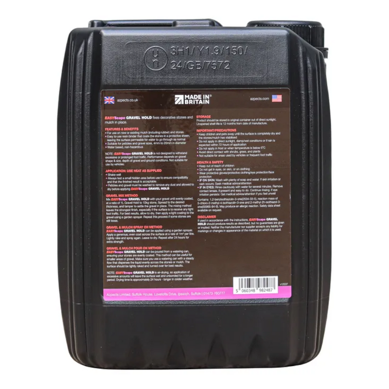 An image showing the back of a 5 litre bottle of Azpects EASYScape Gravel Hold.