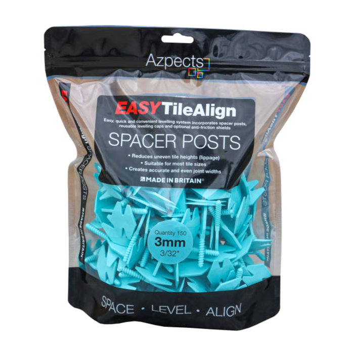 An image of a bag of 150 Azpects EASY Tile Align Spacer Posts that are 3mm and Blue in colour