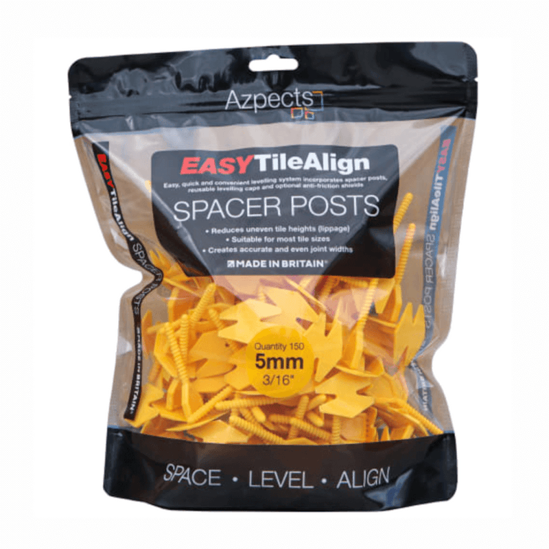 An image of a bag of 150 Azpects EASY Tile Align Spacer Posts that are 5mm and Yellow in colour
