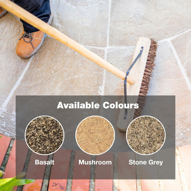 An image of Azpects EASYJoint PRO Heavy Duty Paving Jointing Compound being tidied by sweeping away the excess. The image also dispays the colours in is sold Basalt, stone Grey and Mushroom.