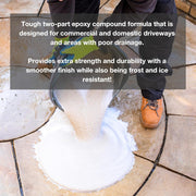 An image of Azpects EASYJoint PRO Heavy Duty Paving Jointing Compound being poured out onto slabs ready to sweep into paving gaps and joints. It also states that it is a two part epoxy compound for driveways and areas with poor drainage with extra strength durability, a smoother finish and frost / ice resistance.