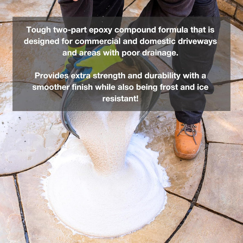 An image of Azpects EASYJoint PRO Heavy Duty Paving Jointing Compound being poured out onto slabs ready to sweep into paving gaps and joints. It also states that it is a two part epoxy compound for driveways and areas with poor drainage with extra strength durability, a smoother finish and frost / ice resistance.