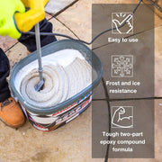 An image of Azpects EASYJoint PRO Heavy Duty Paving Jointing Compound being mixed in the tub it comes in. It also displays the benefits of being easy to use, frost and ice resistant and it being a tough two part epoxy compound.