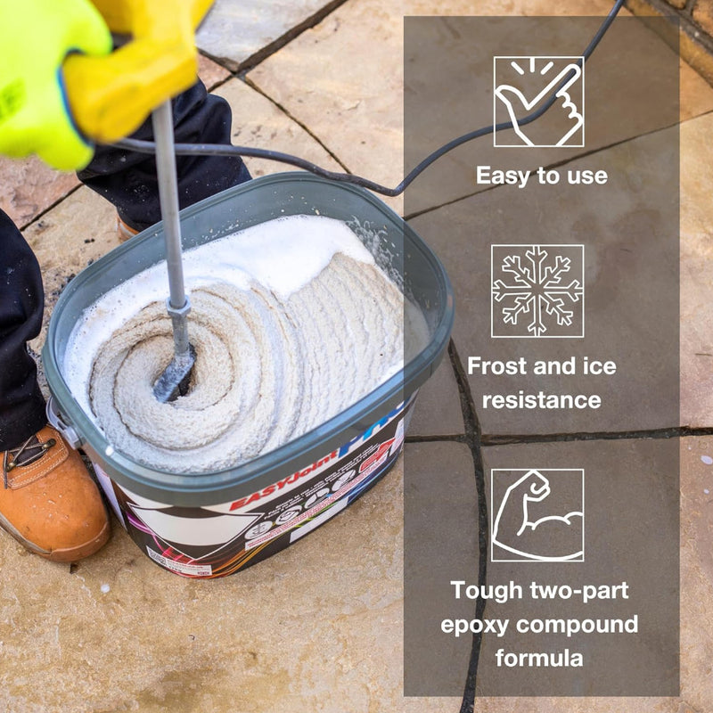 An image of Azpects EASYJoint PRO Heavy Duty Paving Jointing Compound being mixed in the tub it comes in. It also displays the benefits of being easy to use, frost and ice resistant and it being a tough two part epoxy compound.